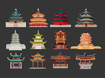 中式古建筑 滕王阁 古城楼 天坛 亭台楼阁 手绘插画