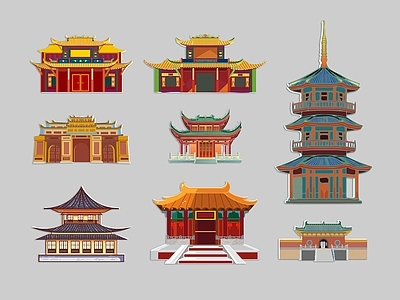 中式古建筑 塔楼 宫殿 古城楼 国潮 手绘插画