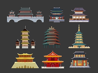 中式古建筑 宫殿 古城楼 亭台楼阁 滕王阁 手绘插画