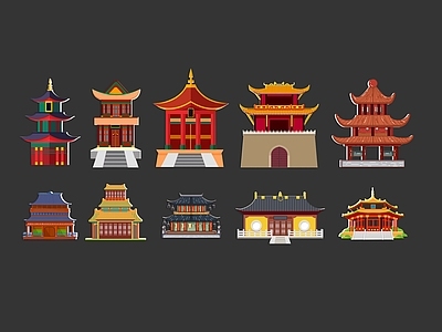 中式古建筑 宝塔 滕王阁 房屋 宫殿 手绘插画