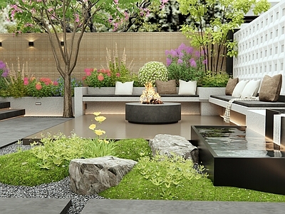 现代庭院 流水景墙 花草植物 花境 灌木