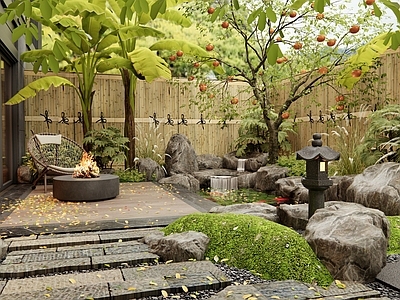 日式庭院 别墅庭院 假山水景 自然溪流水景 柿子树 老石板汀步