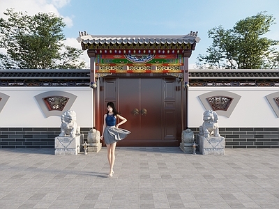 新中式中式门头 新中式别墅院门 入户大门 古建庭院门 石狮子 人物模特