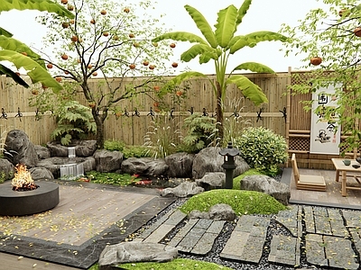 日式乡村庭院 假山水景 老石板 汀步 柿子树 户外桌椅