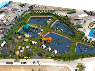 现代简约滨水景观 露营 休闲 新农村 帐篷 钓鱼