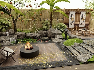 新中式庭院 乡村庭院 假山水景 老石板汀步 户外桌椅 灌木植物