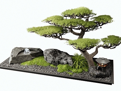 新中式现代假山水景 水景 水钵 景观石 松树 庭院小品