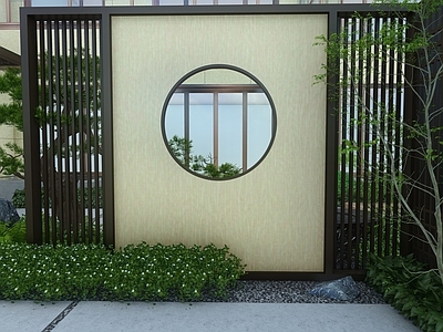 新中式别墅庭院 屏风 廊架造型松