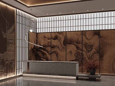 新中式酒店大堂 酒店大堂前台 新中式前台 石材前台