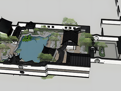 中式复古古建筑 中式庭院 水景