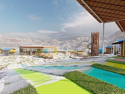 现代新中式风格建筑 小广场 藏家乐 咖啡屋 茶楼 悬崖建筑