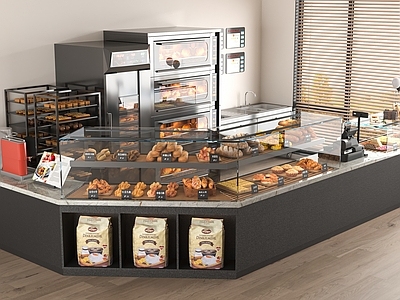 现代甜品面包店 面包店 甜品店 面包展示架 蒸烤箱 工作台