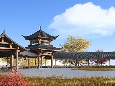 现代古建弧形长廊亭子