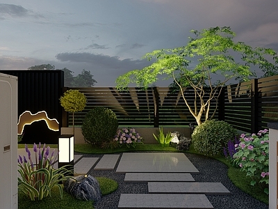 新中式现代别墅庭院 双拼庭院 庭院花园 别墅花园 水景