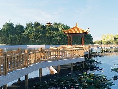 现代新中式亭子 亭子公园 山顶公园 荷花 学校