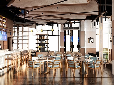 原木北欧酒店餐厅 餐桌椅餐椅休闲椅 吧椅吧凳酒具酒瓶 壁灯吊灯摆件食物 风幕机
