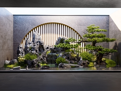 新中式假山 假山水景 跌水 水景叠石 室内造景 迎客松