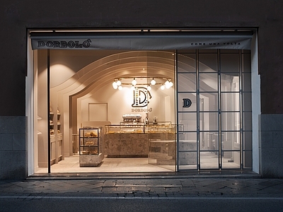 现代北欧街道外景 街边店铺夜景 商业街外景 街道夜景 面包店甜品店外景 店铺门头入口