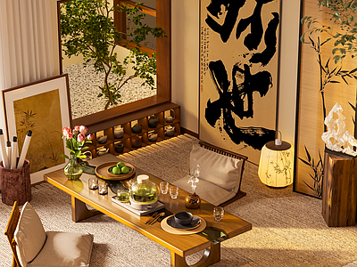 新中式侘寂茶室 新中式茶室 茶桌组合 挂画 屏风 绿植