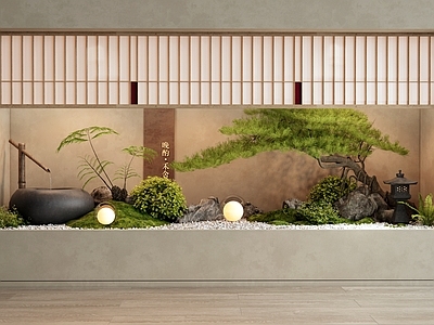日式新中式室内景观 端景景观 玄关造景 庭院小品 松树微景观 水钵