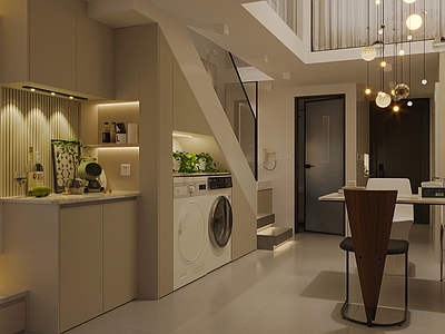 现代公寓 复式楼公寓 楼梯下柜子 洗衣机烘干机