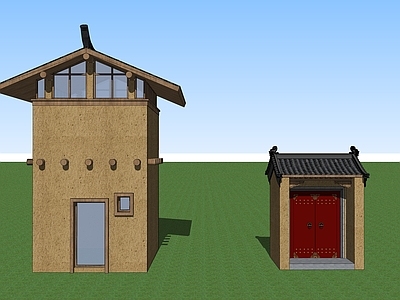 中式复古风格建筑 云南特色考烟房 土墙建筑门头 乡土建筑改造 乡村复古老门头 夯土材料土胚墙