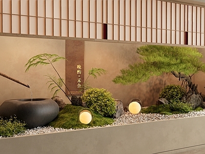 新中式室内景观 庭院小品 松树 植物造景 水钵水景 灌木