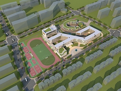 现代学校外观 现代流线型学校 学校带操场 宿舍楼