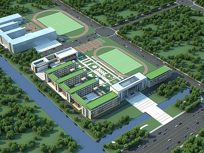 现代学校外观 现代风格 学校带操场 初中学校