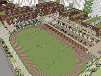 现代中古学校建筑 学校操场 教学楼学校 小学
