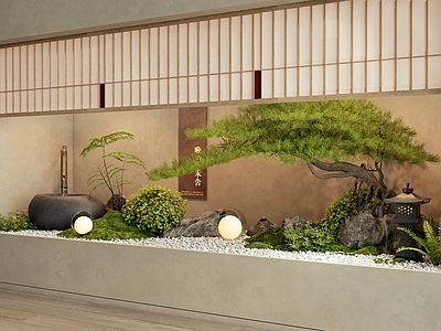 新中式室内景观 玄关造景 端景微景观 松树 水钵 植物造景
