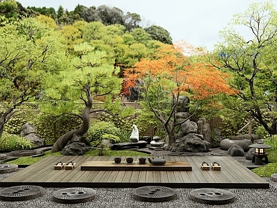 日式新中式乡村庭院 枯山水 景观石头 景观树 红枫 竹篱笆围栏