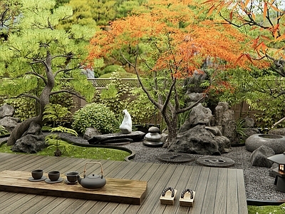 日式禅意庭院 枯山水 植物造景 景观树 灌木绿植 景观石头