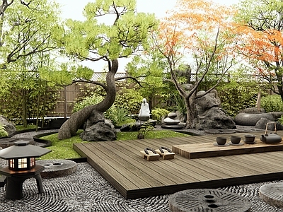 新中式禅意别墅庭院 杂木庭院 枯山水 景观石头 景观树 植物造景