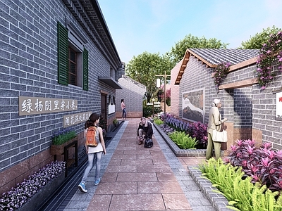 新中式中式乡村庭院 中式古镇民居巷道 岭南美丽乡村改造 古村乡土街巷景观 特色文创景观小品 红石青砖巷子步道