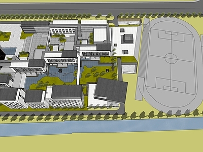 现代新中式学校建筑 学校操场 教学楼学校 中学 小学