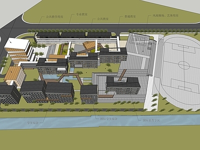 现代新中式学校建筑 学校操场 教学楼学校 小学 中学 园林式