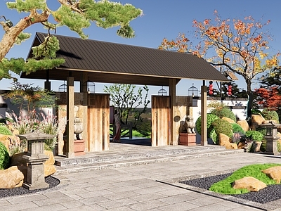 新中式庭院门 花园入口 柏坡黄景墙 山野景石