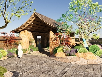 新中式庭院门 花园入口 柏坡黄景墙 自然景石 山野隐奢