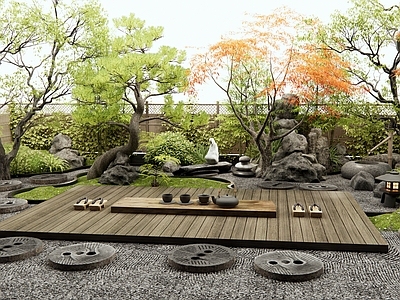 日式庭院 汀步 枯山水 景观石头 篱笆围栏 景观树