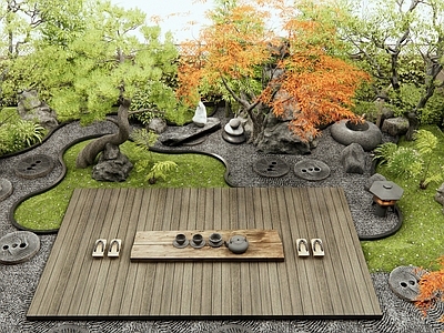日式新中式乡村庭院 枯山水 微地形 景观石 汀步 植物造景