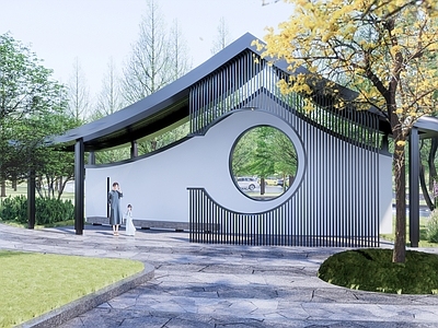 新中式驿站 公园休息驿站 廊架 公交站台 休闲亭子 格栅廊架
