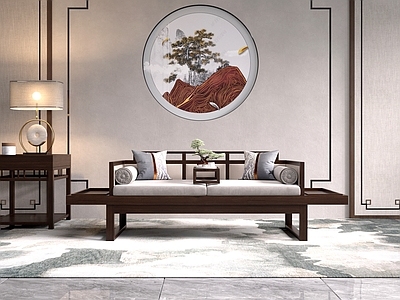 新中式罗汉床 新中式罗汉床 榻榻米 背景 饰品摆件 边几地毯