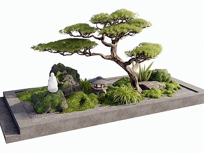 新中式室内景观 苔藓 景观石 松树 花草 庭院小品