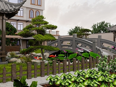 新中式鱼池 庭院景观 鱼池景观 小桥 荷花
