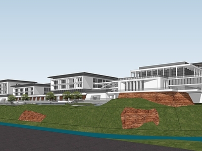 新中式学校建筑 教学楼学校 学校操场 学校景观