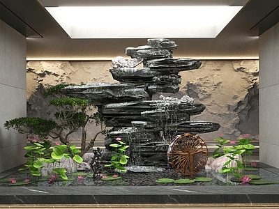 新中式假山水景 人造景观 水车 小桥流水 荷花 假山水景