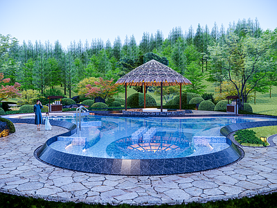 新中式现代水景 温泉 温泉池 温泉泳池 民宿酒店 温泉泡池