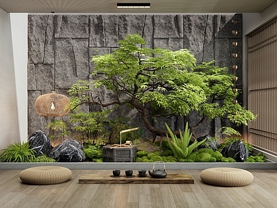 日式室内景观 天井玄关造景 庭院小品 水钵水景 枫树造景 毛石背景墙