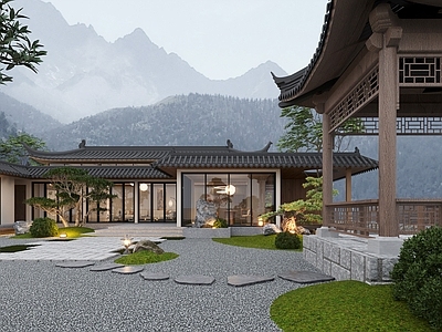 新中式复古外景 新中式庭院 中式凉亭